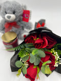 Valentine Red Roses Bouquet, Teddy Bear and Yankee Candle Gift Set